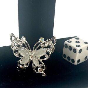 Silver Tone Butterfly Brooch Rhinestones & White Stones